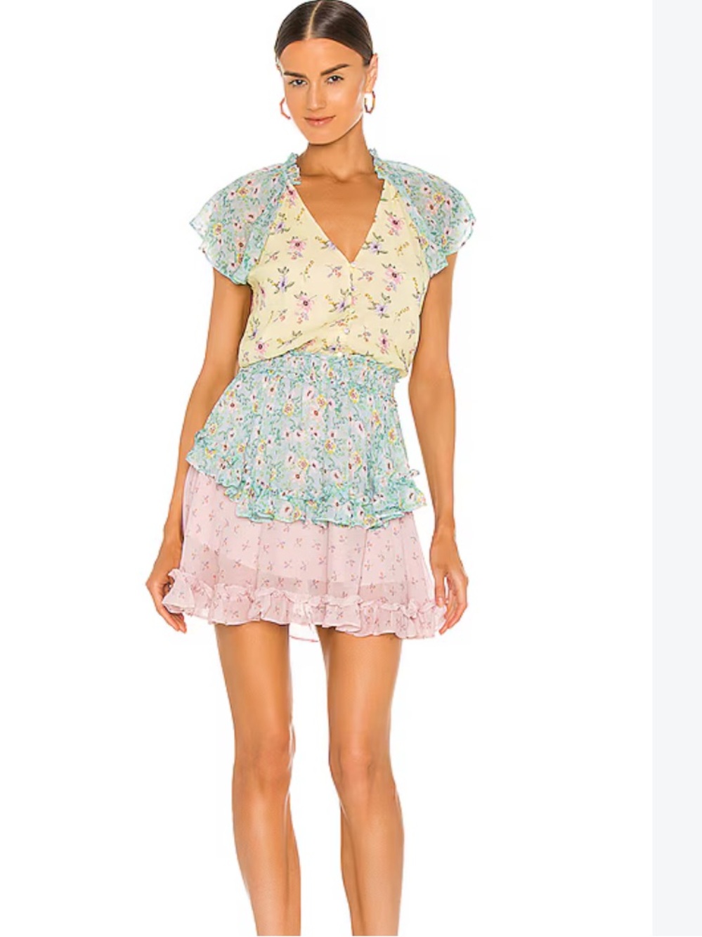 Yumi Kim Floral Tiered Mini Dress in Pastel Yellow, Mint & Pink xs